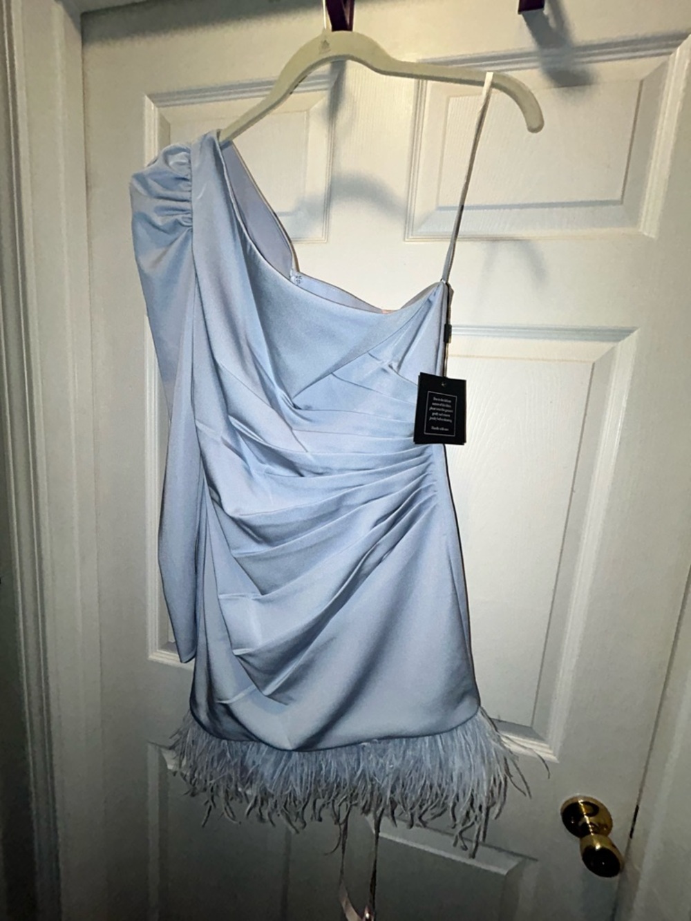 One-Shoulder Feather Trim Mini Dress in Light Blue